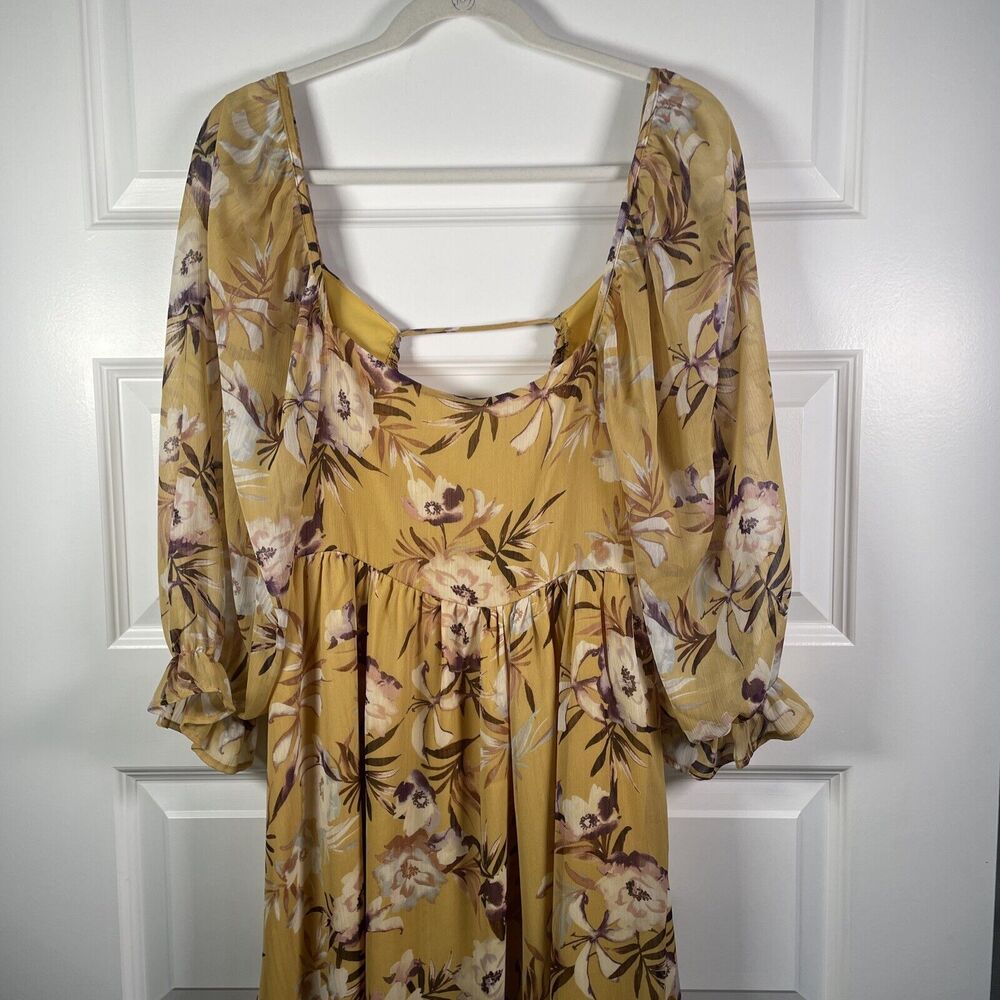 By Together Mustard Floral Open Back Dress Sheer Sleeve Size Medium Shoe Fly - Picture 3 of 11